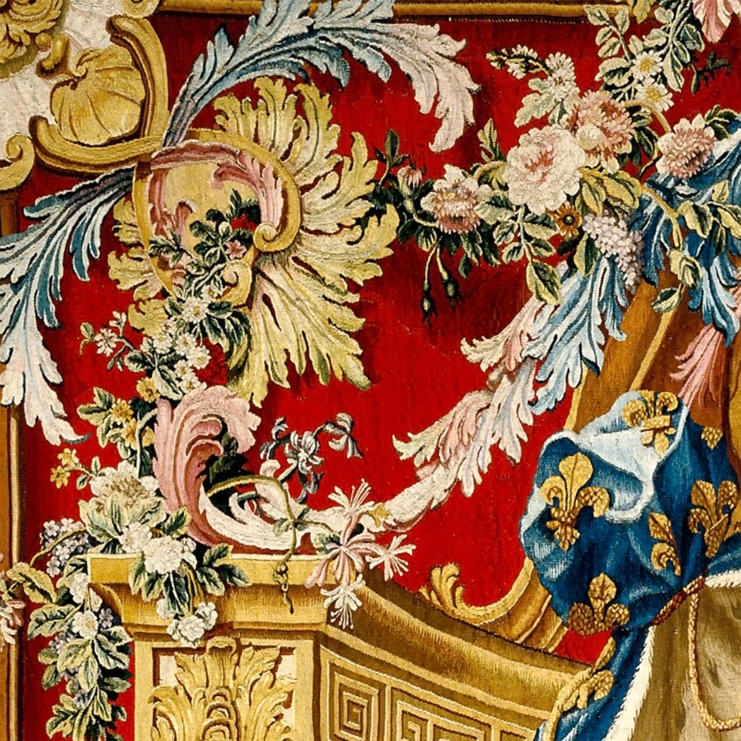 Detail of baroque floral arrangement and architectural corner from The Arms of Louis XV tapestry.