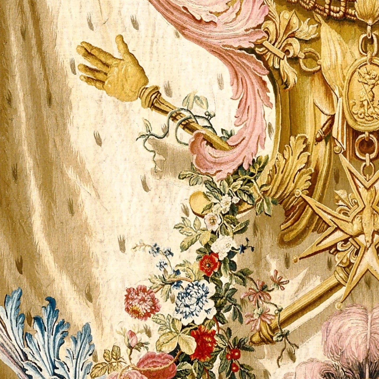 Golden glove and ornate floral garland embroidered on the tapestry’s regal drapery.