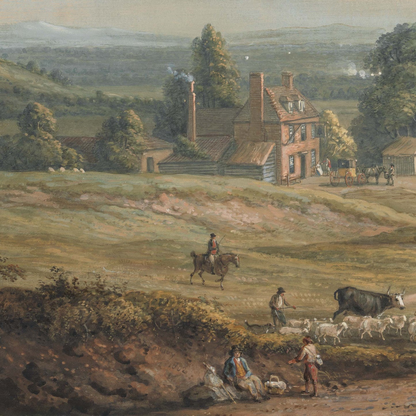 Close-up of a rustic countryside inn with riders, shepherds, and sheep, from a pastoral landscape mural.