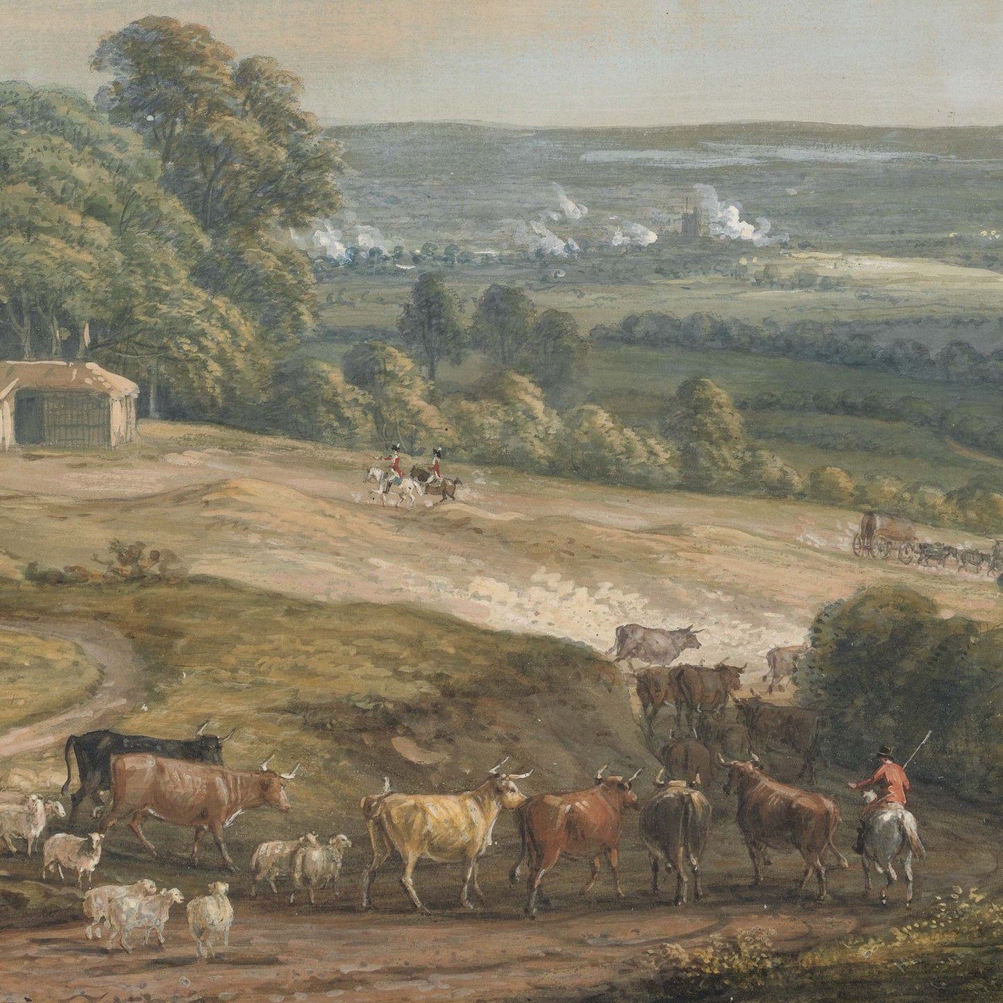 Detail of cows and sheep being herded along a dirt path, with trees and rolling hills in the distance.