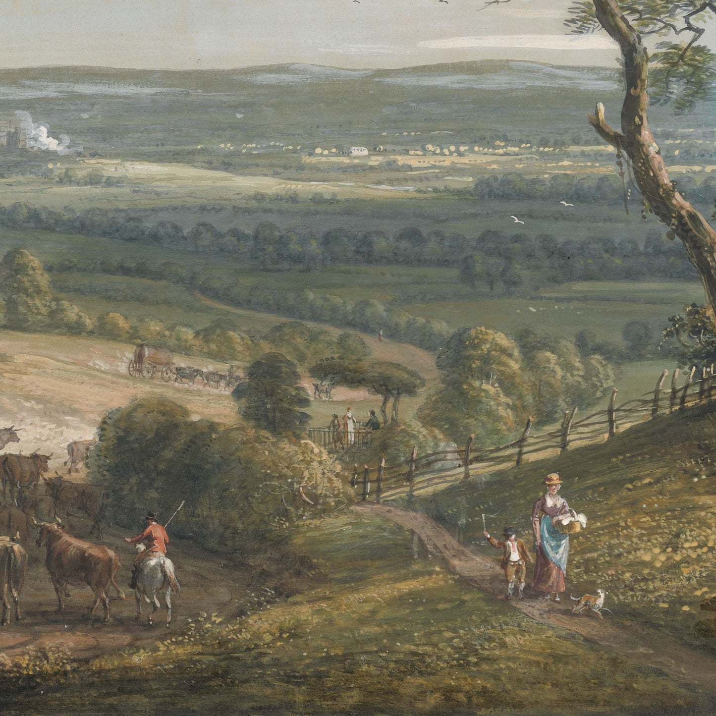 Closer view of a mother and child walking a dog along a fenced path with distant fields and villages.