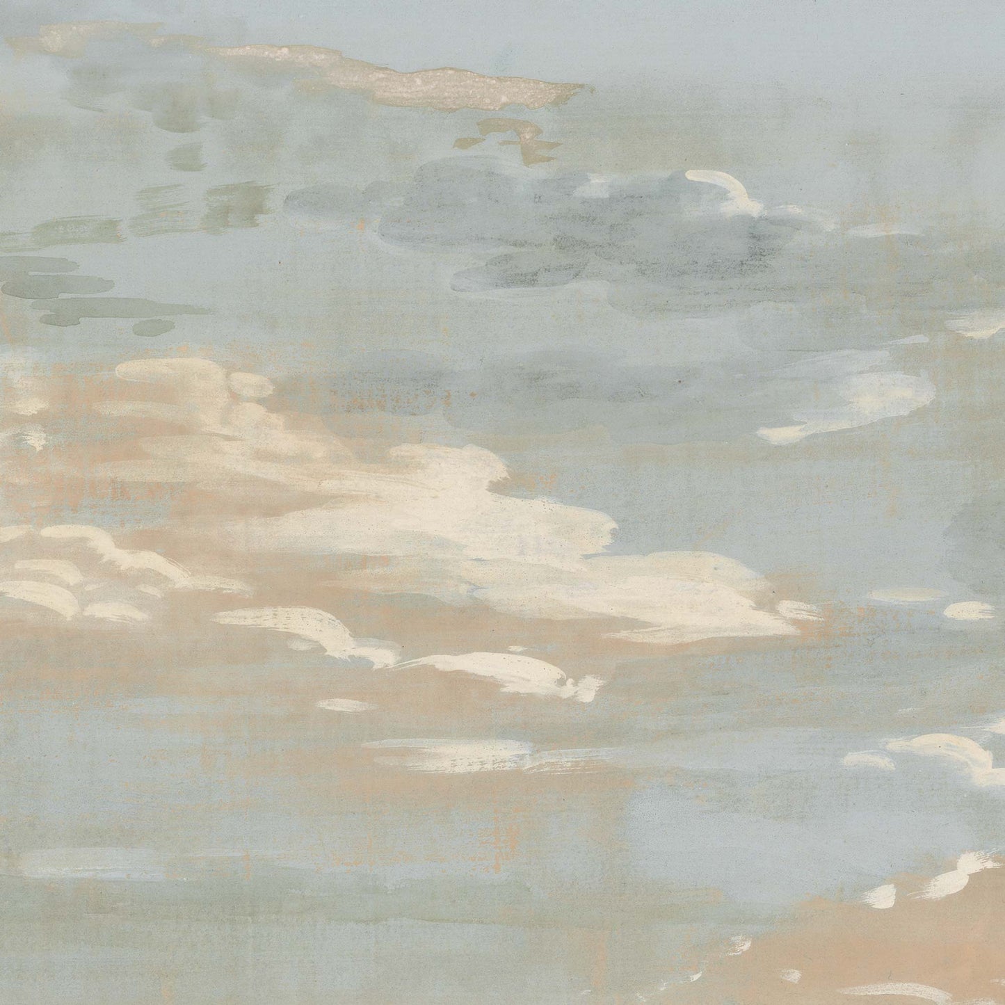 Soft pastel clouds floating over the landscape in a classic English countryside mural.