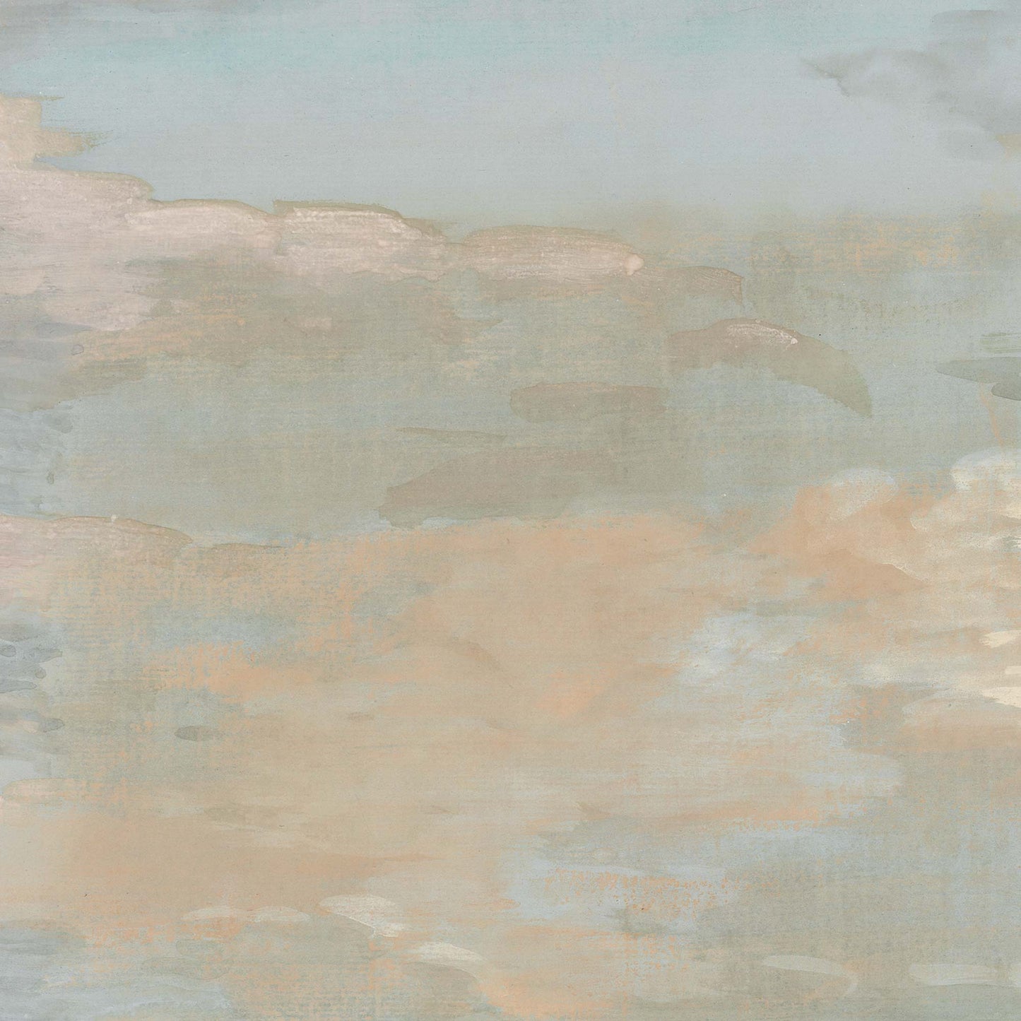 Muted sky with painterly strokes of peach and blue tones from the upper section of the wall mural.