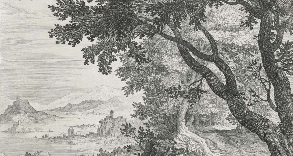 Decorvm home page banner with old black and white engraving of trees and landscape in the background