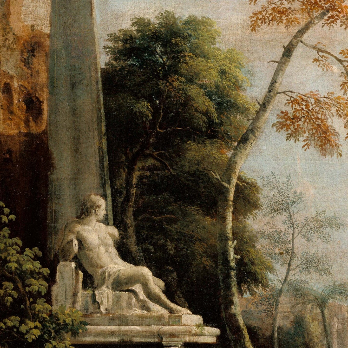 Classical nude statue reclining beside an obelisk, surrounded by lush trees and Roman ruins in a romanticized ancient setting