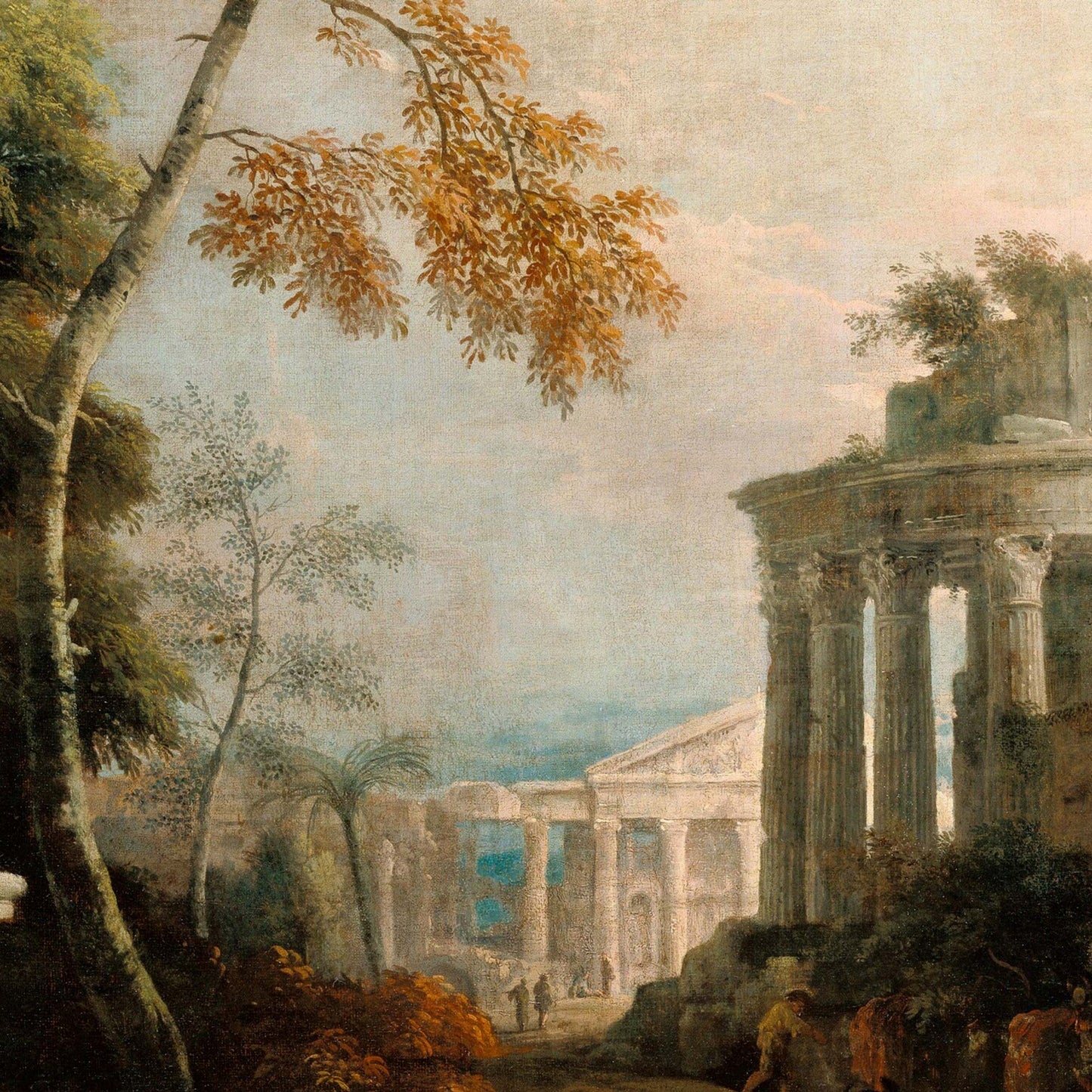 Top of classical Corinthian columns with trailing vines, set against a distant crumbling pyramid and pastel sky