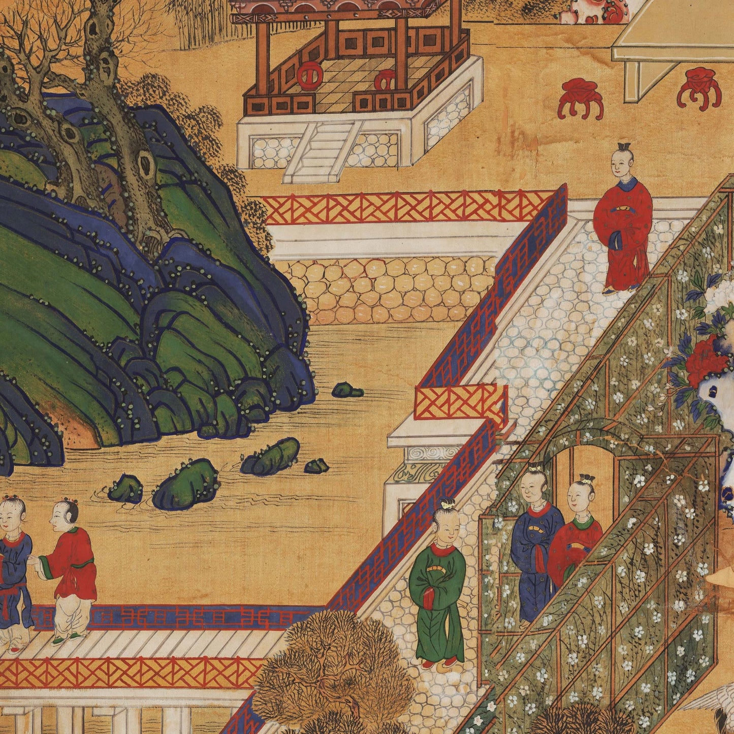 Detail of antique Korean wallpaper with green and blue rocks, a pavilion, figures in red and green robes, and stone walkways