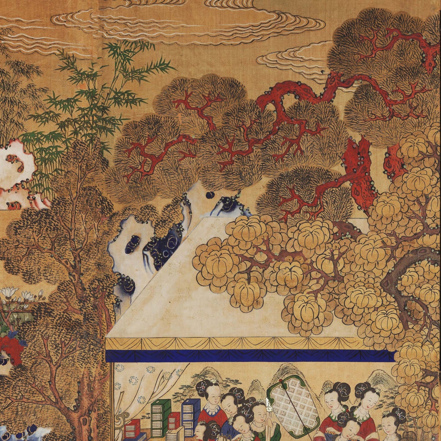 Detail of Korean mural with stylized trees in red and gold foliage, flowering branches, and decorative clouds
