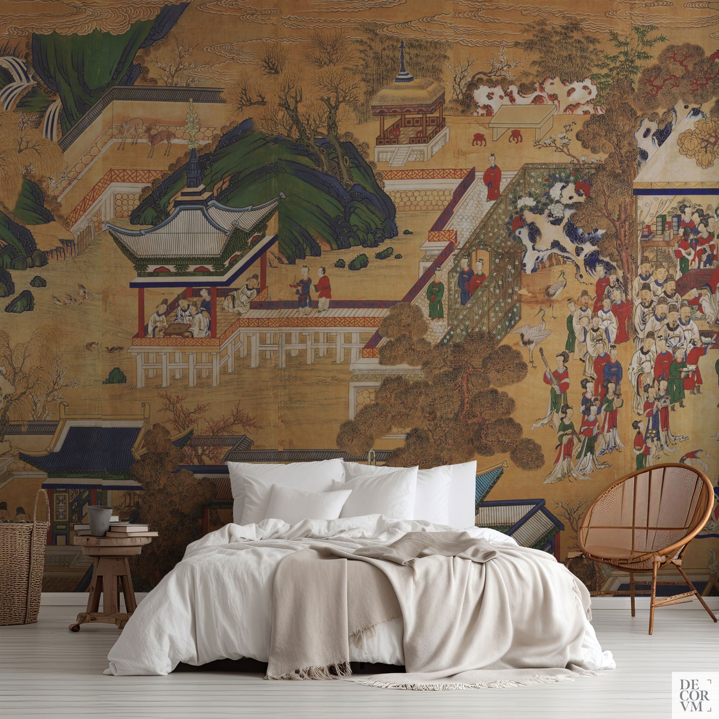 Antique Korean Panel Wallpaper in a bedroom with white bedding and wooden furniture