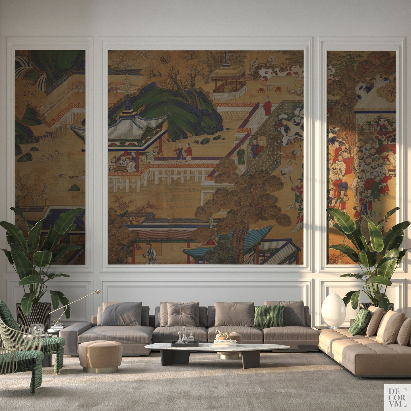 Antique Korean Panel Wallpaper installed inside wall moldings in a large and modern living room