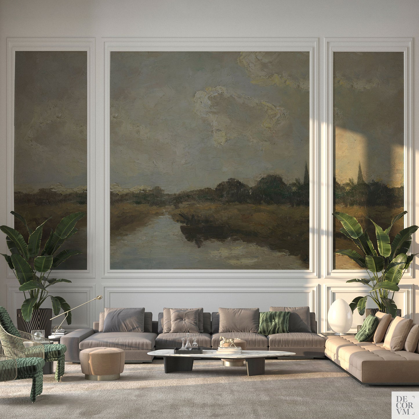 Oil painting landscape wallpaper mural installed into multiple moulding panels in a large modern living room