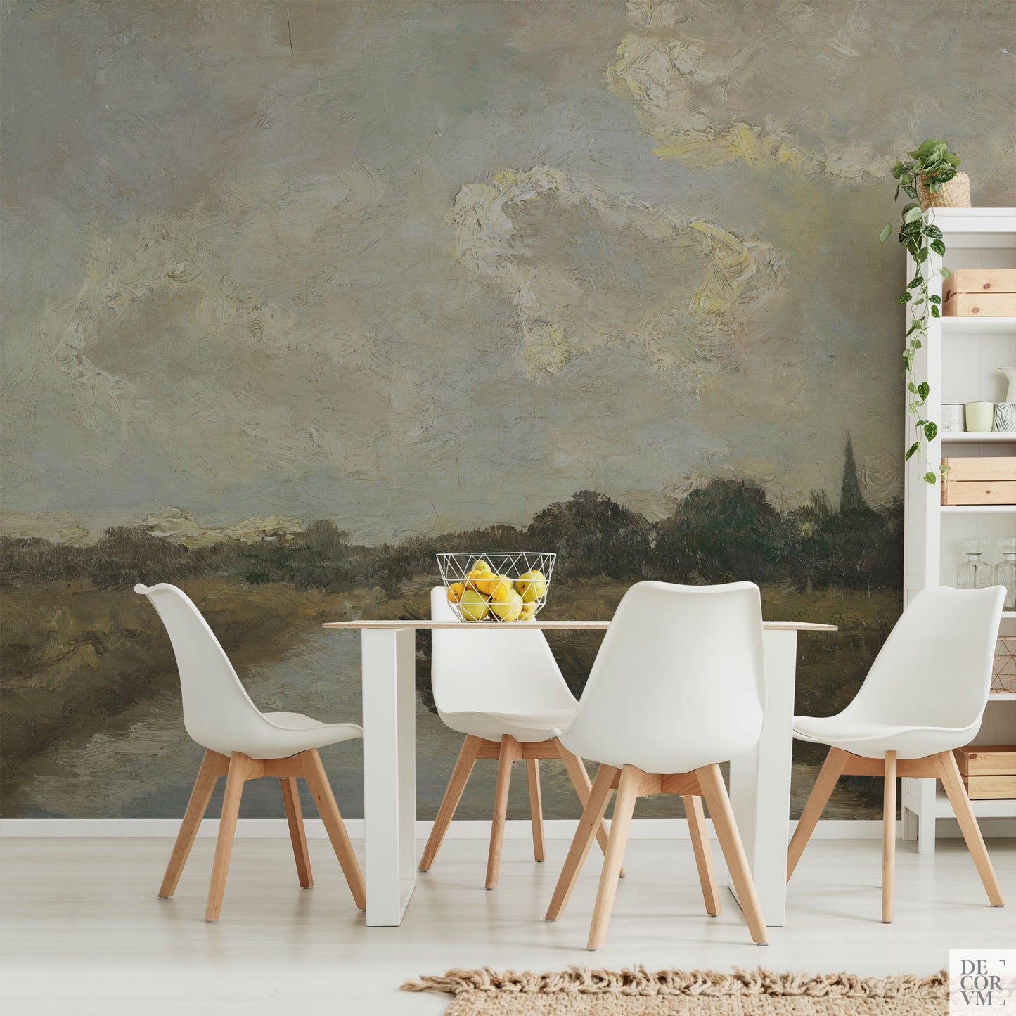 Oil painting landscape wallpaper mural in a dining room with table and chairs