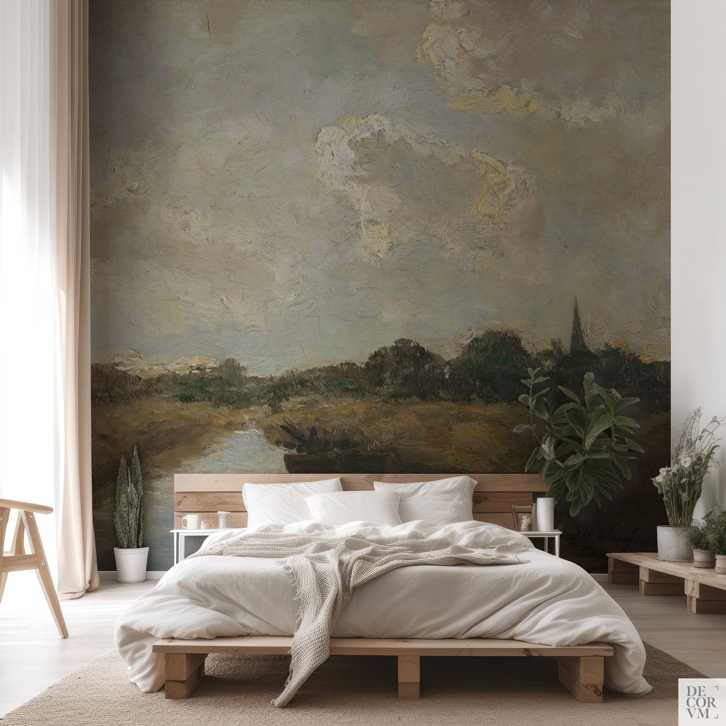 Oil painting landscape wallpaper mural in a rustic bedroom with earthy tones