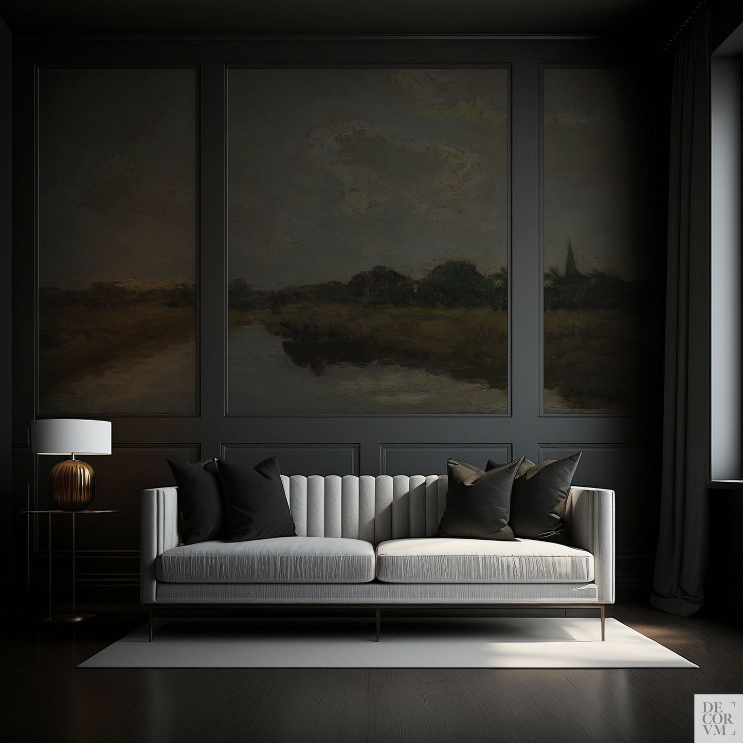 Oil painting landscape wallpaper mural installed into multiple moulding panels in a dark living room with dark walls