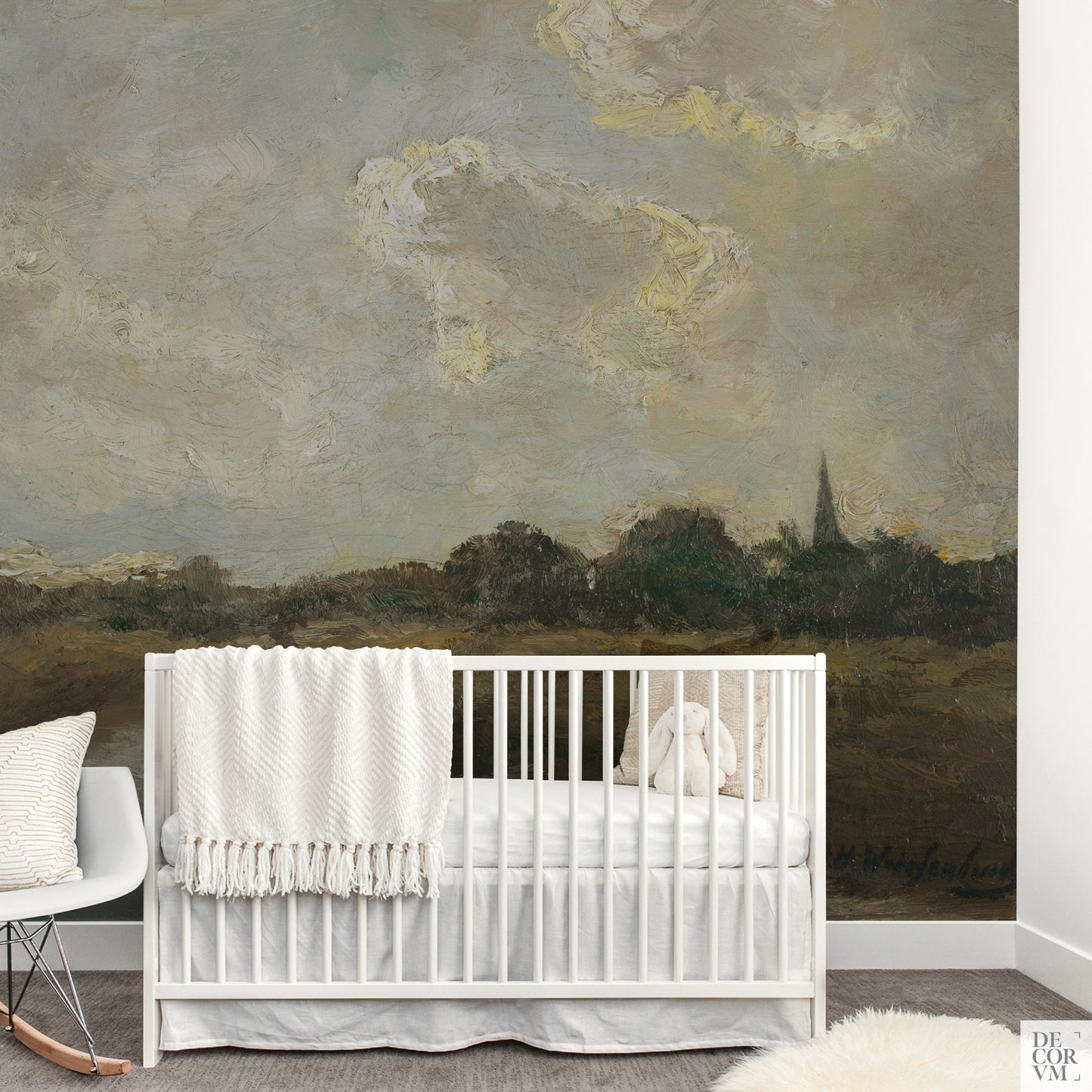Oil painting landscape wallpaper mural in a nursery or baby room