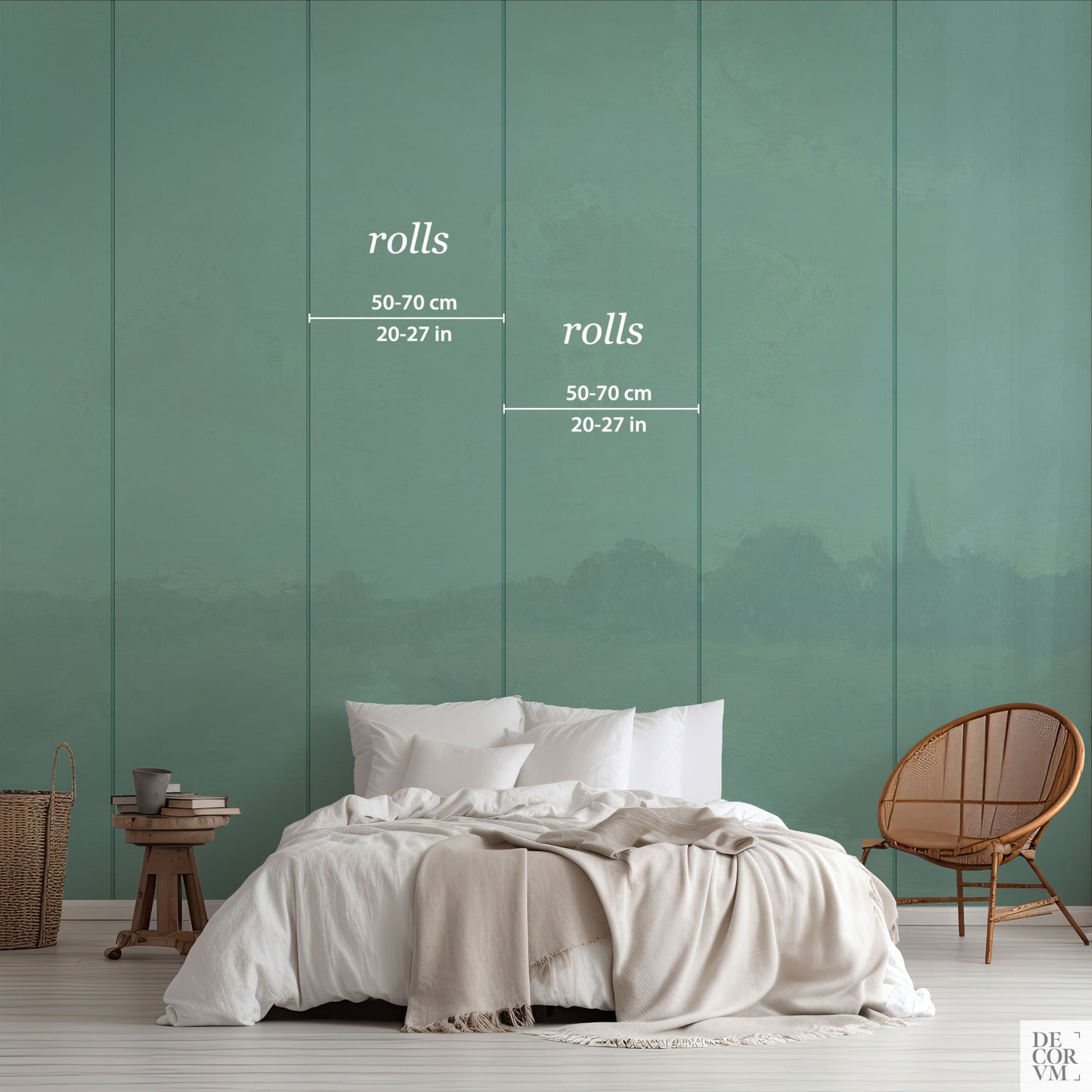 Guide showing the width of each wallpaper's roll to be installed in a bedroom