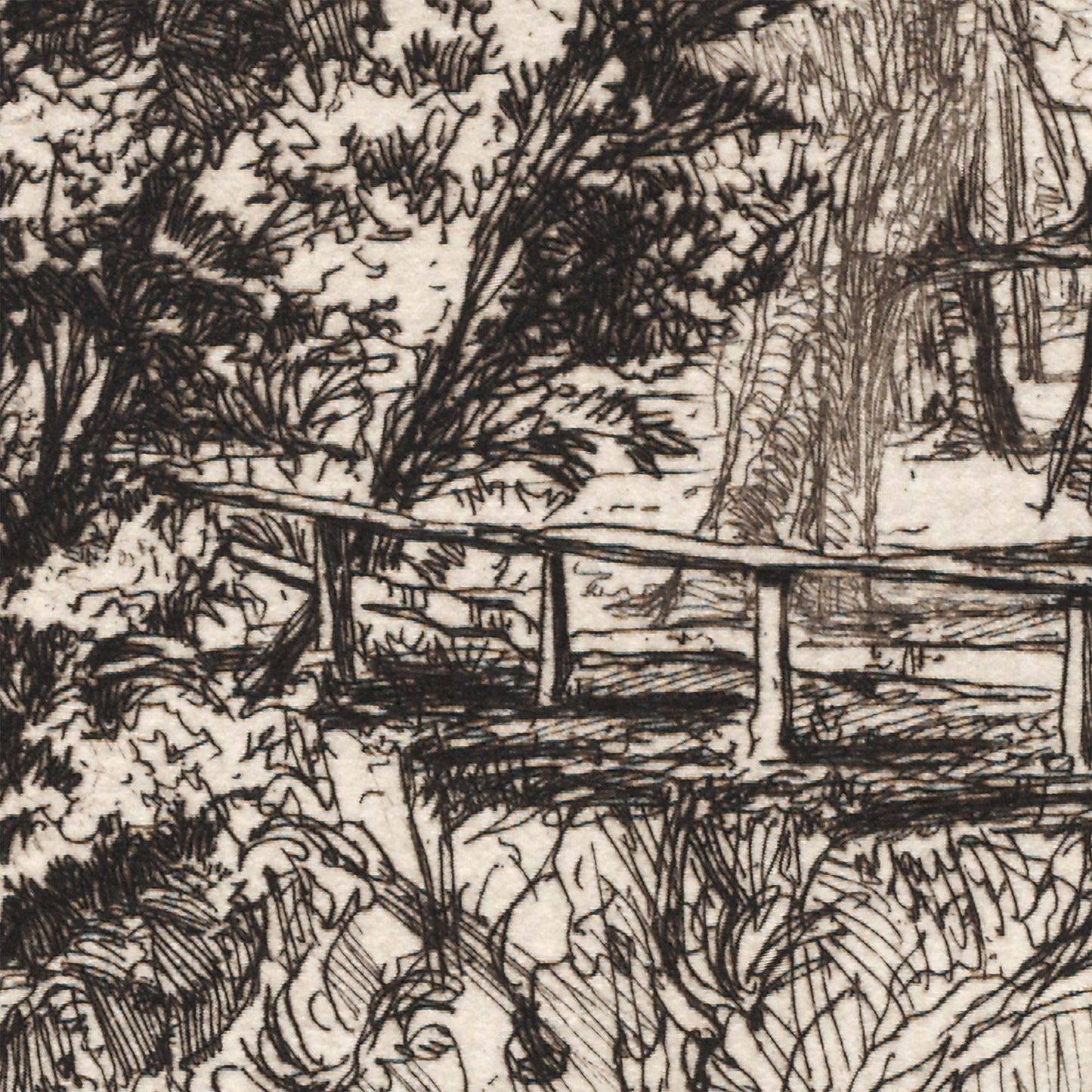 A River in Ireland wall mural close-up of the original etching texture with trees and fence