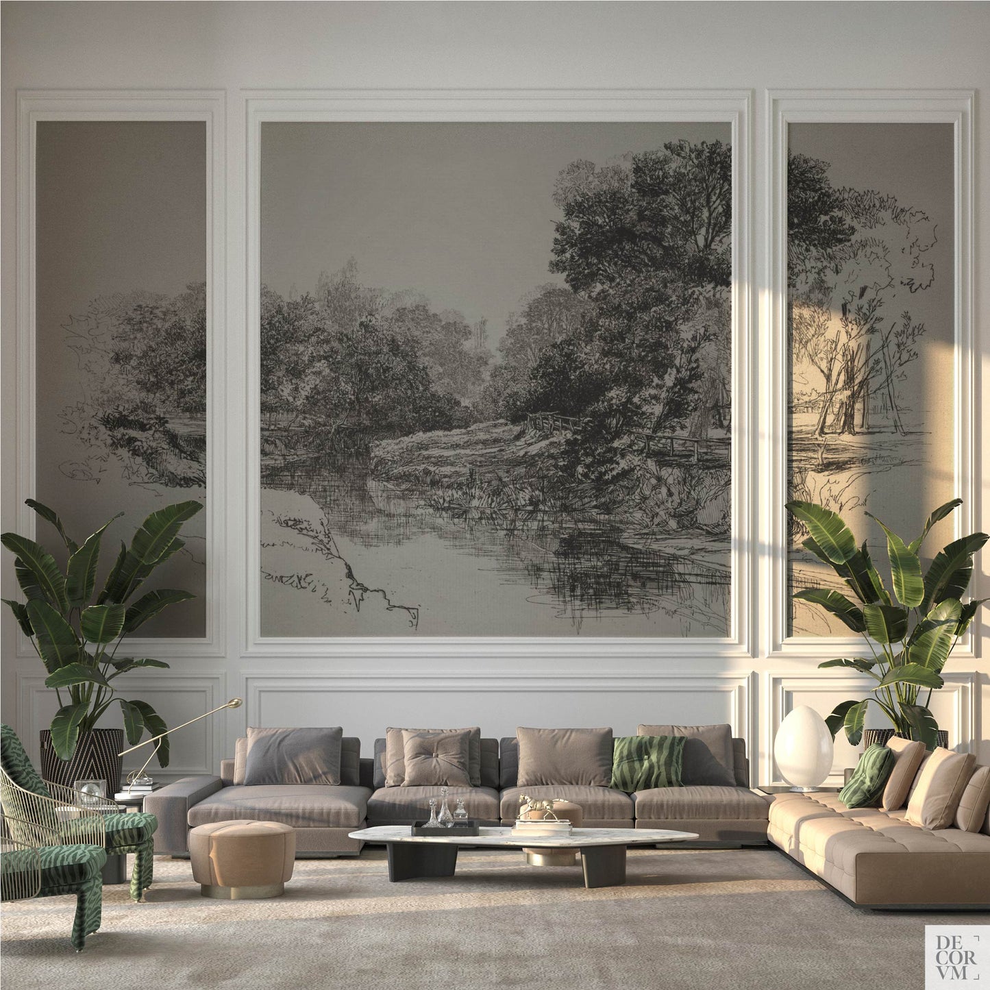 A River in Ireland wall mural in a large modern living room installed into multiple molding panels