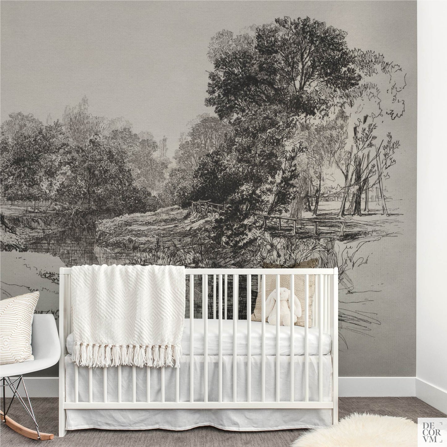 A River in Ireland wall mural in a nursery with a white cradle