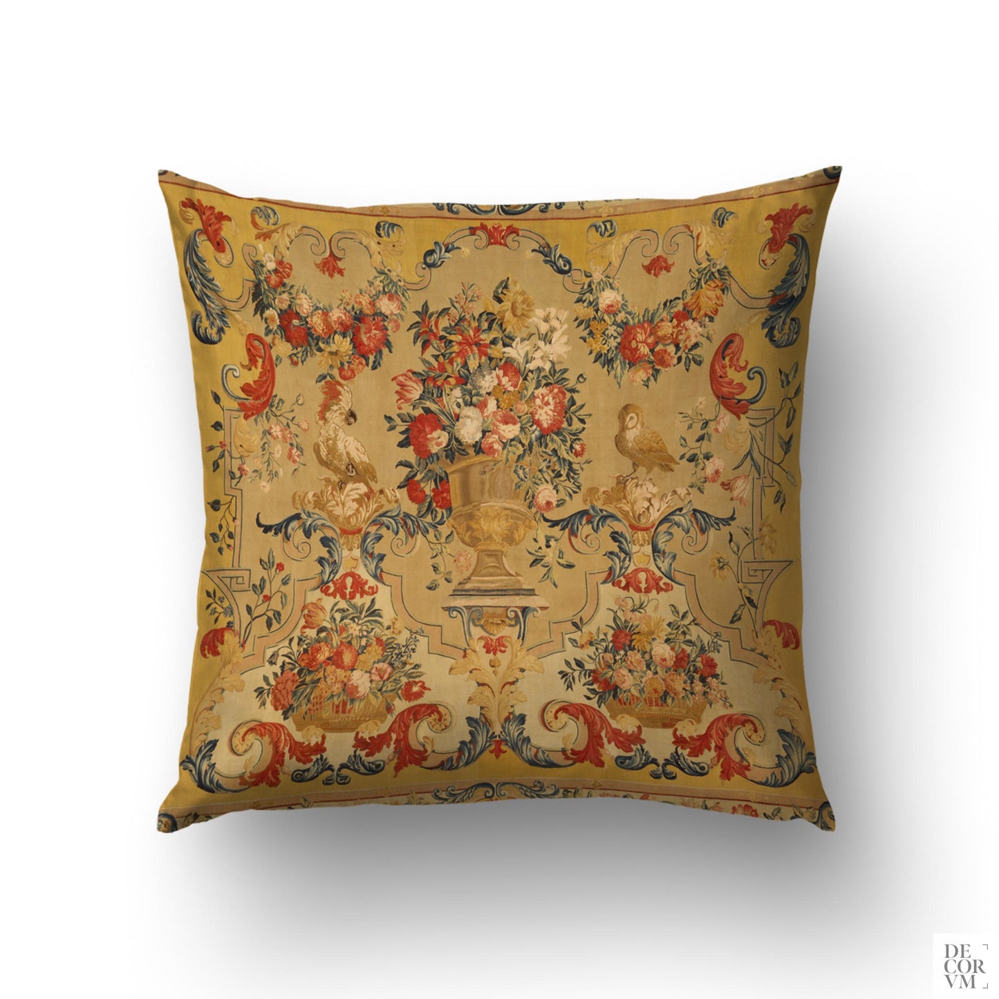Arabesques with Birds throw pillow cover on a white background
