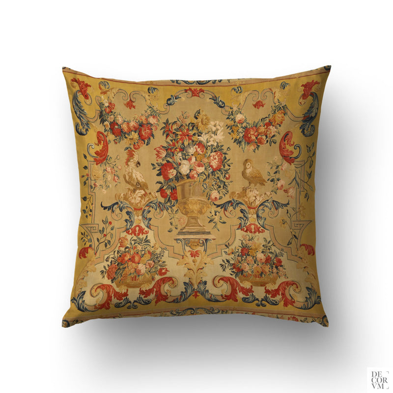 Rococo arabesque birds cushion cover — 18th-century ornamental engraving in vintage red and gold with paired birds and florals by Decorvm.