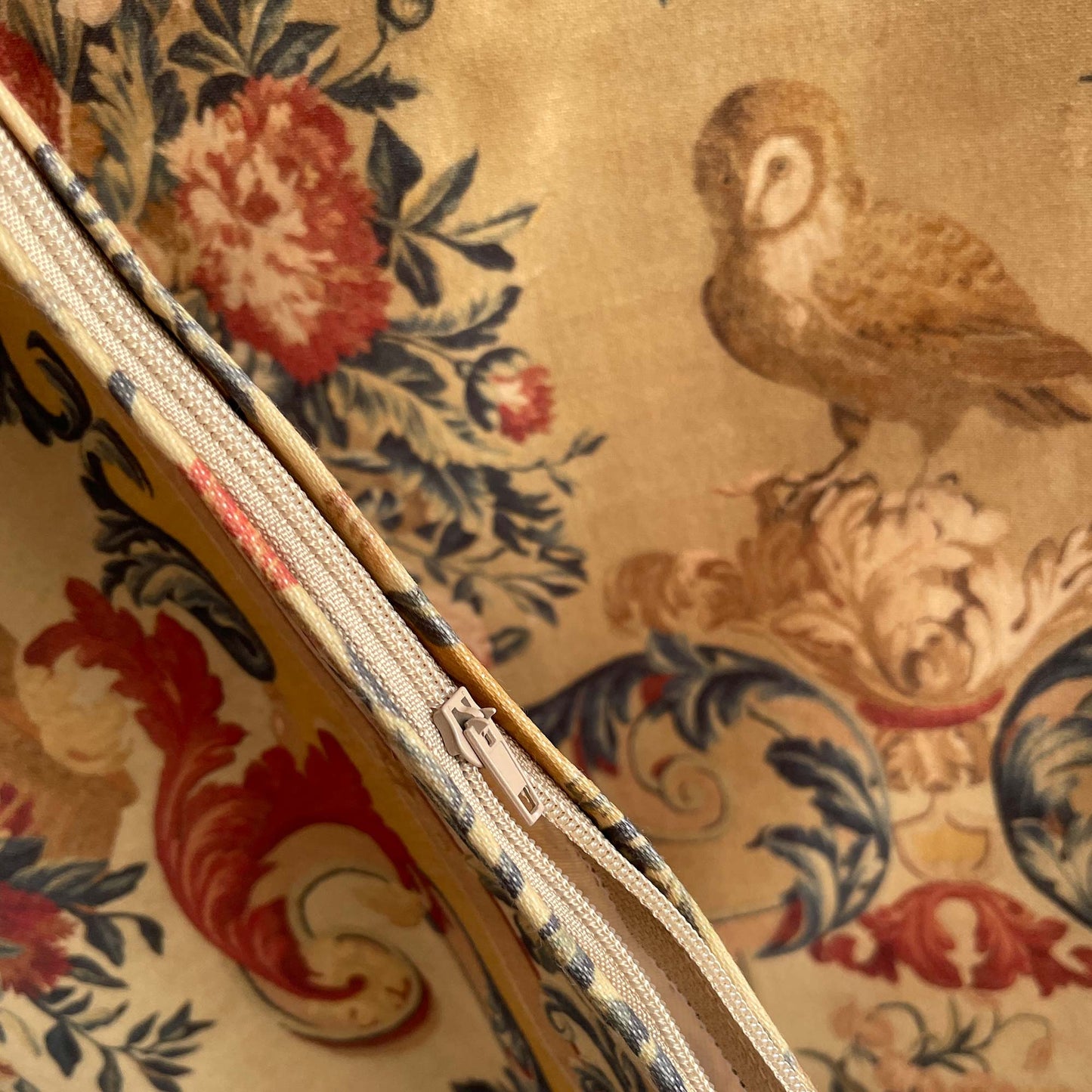 Detail of Arabesques with owl Bird throw pillow cover and zipper