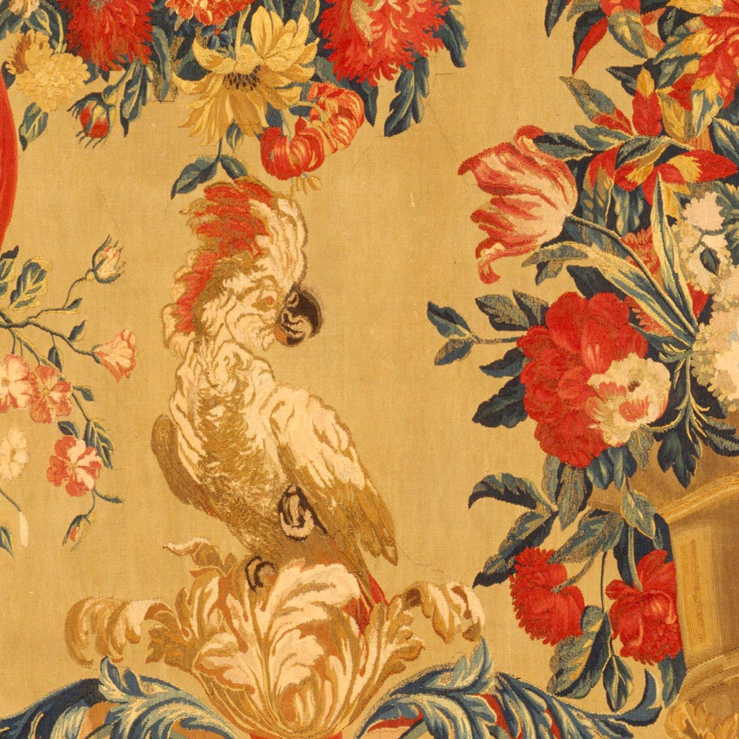 Arabesques with Birds throw pillow cover detail of cockatoo and flowers