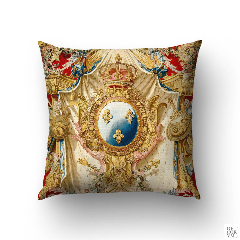 Louis XV Coat of Arms cushion cover with Apollo sunburst, royal crown, and gold fleurs-de-lis on crimson and cream ermine background.
