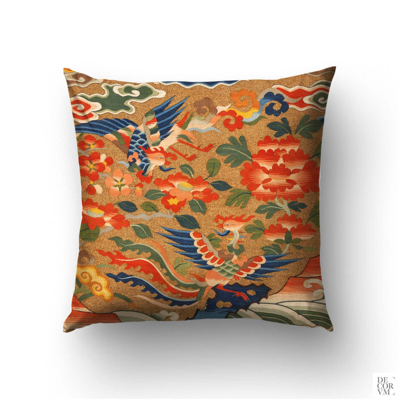 Chinese phoenix rank badge pillow cover — Ming-dynasty buzi insignia with phoenixes, peonies, and ruyi clouds on warm sand ground by Decorvm.