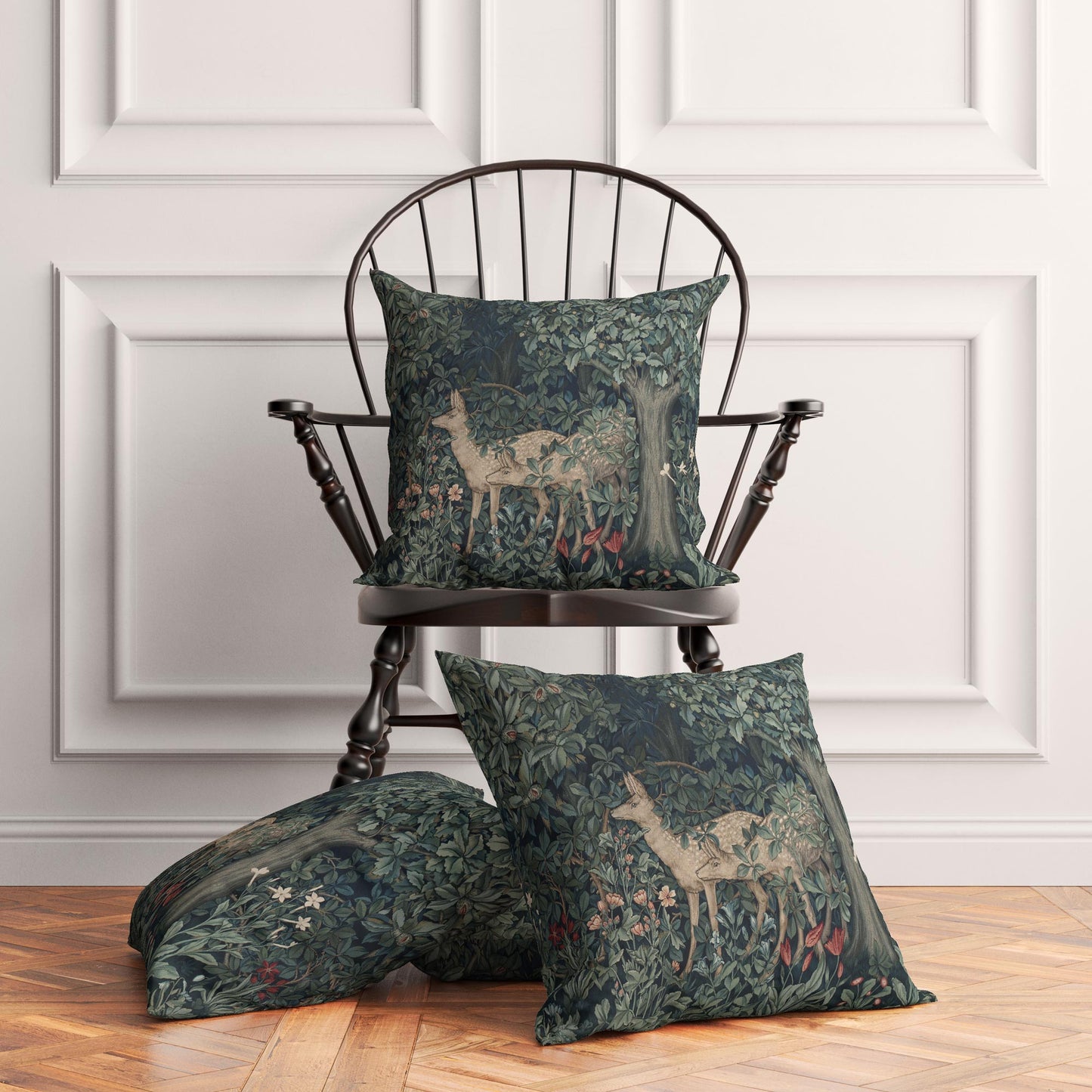 Greenery with Deers throw pillows on a chair and floor