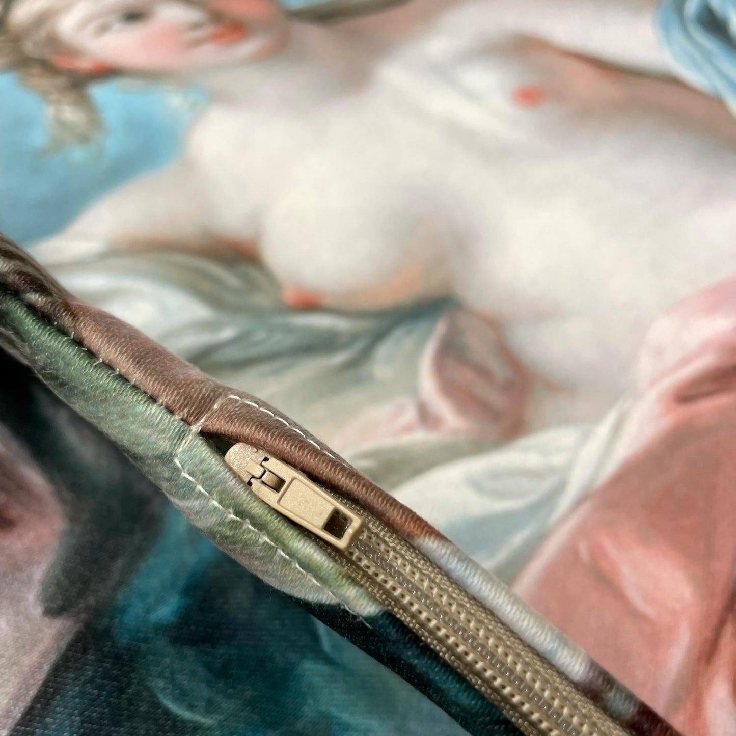 Rococo Pillow Cover Venus on the Waves detail of zipper in cream color