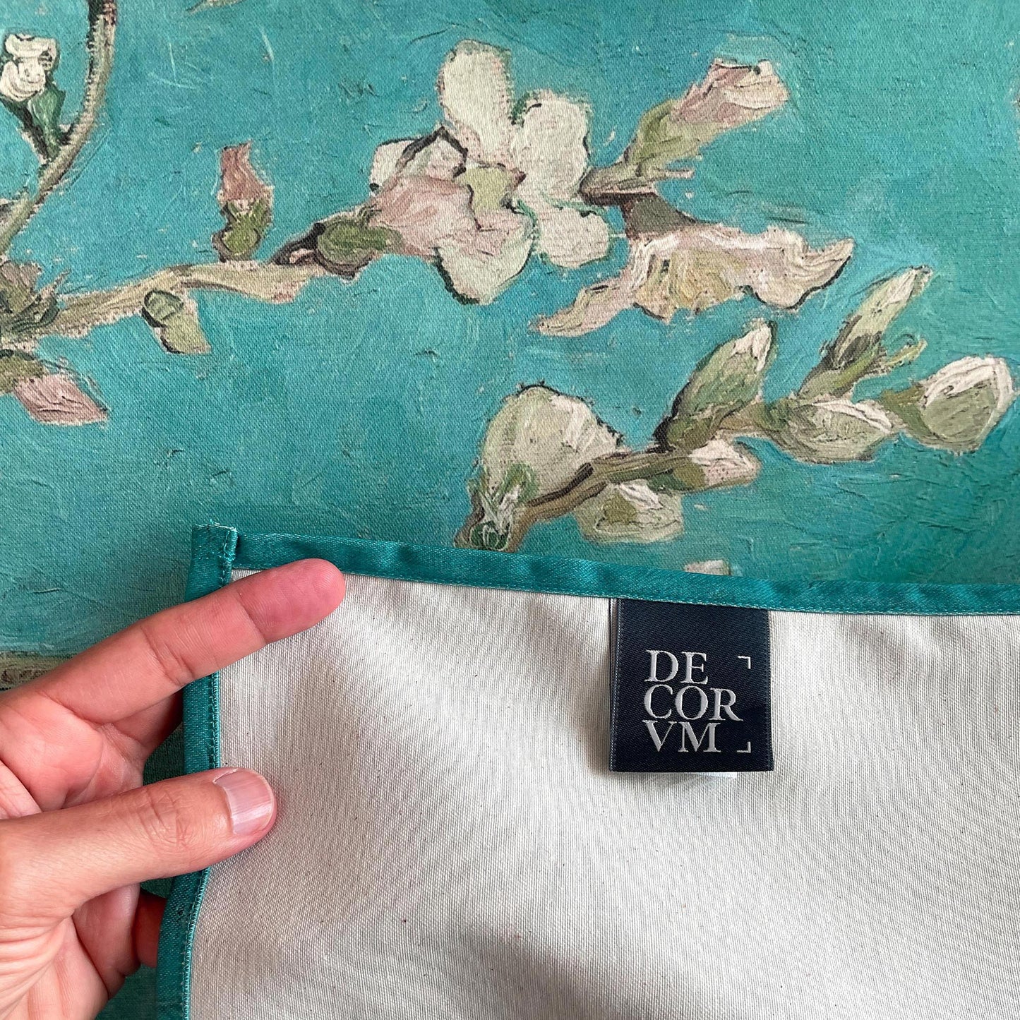 Almond Blossom wall hanging fabric detail of Decorvm label on the back
