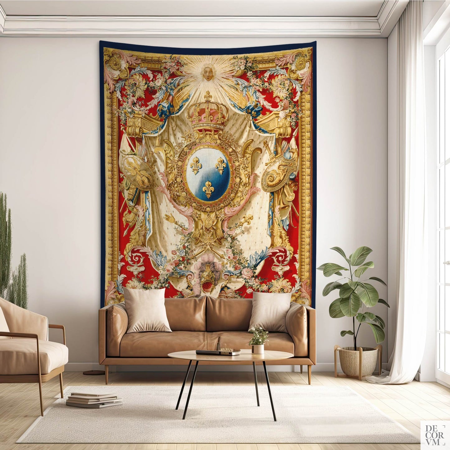 The Arms of Louis XV tapestry displayed in a stylish living room with a leather sofa and contemporary furniture.