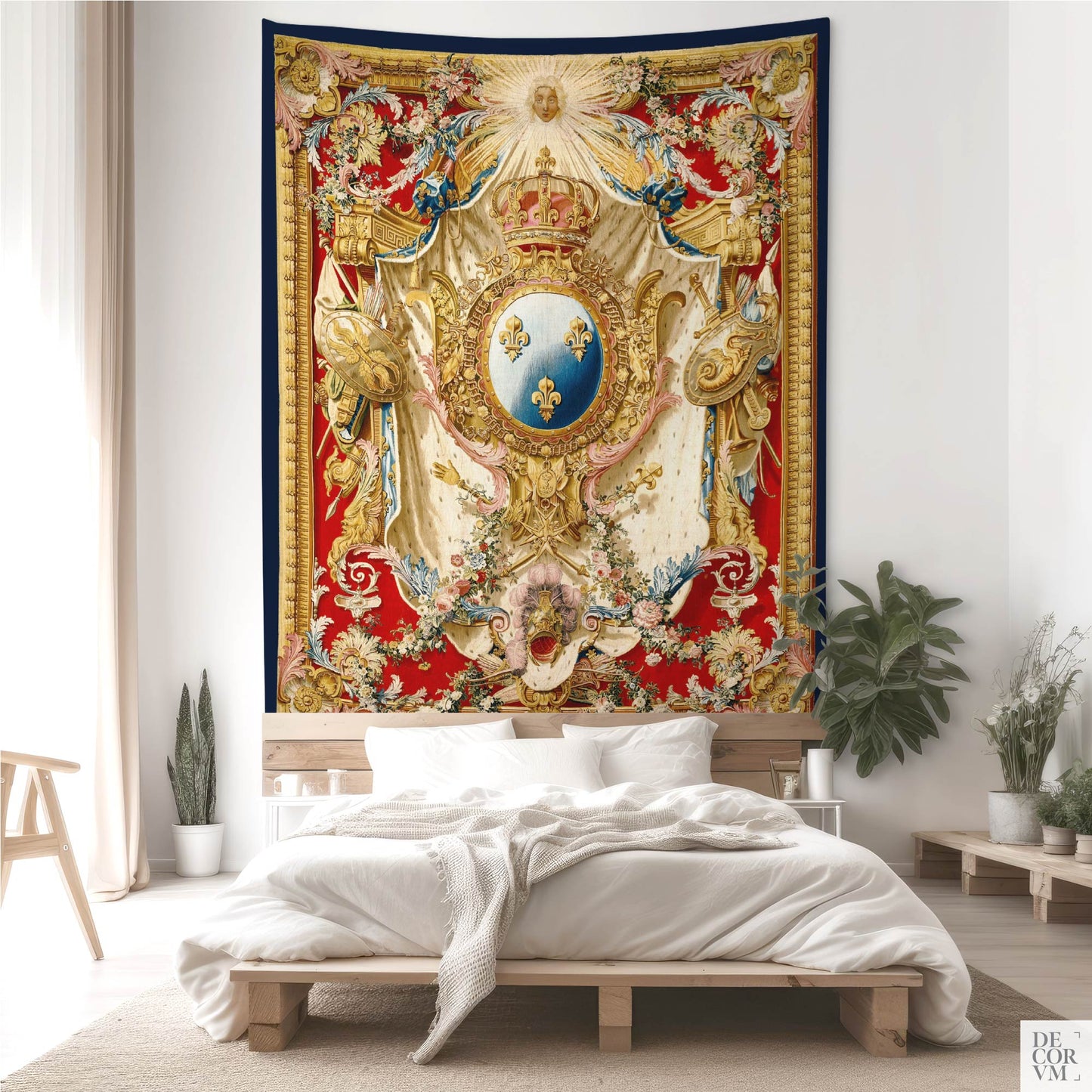 Large-sized Louis XV heraldic tapestry displayed in a minimalist bedroom with light wood and white decor.