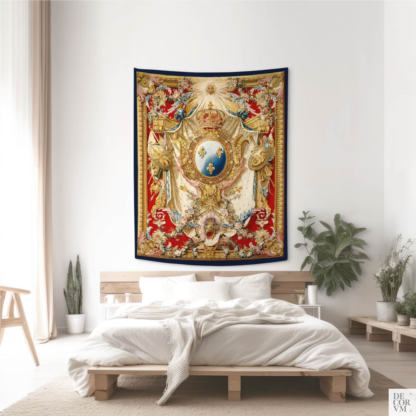 Medium-sized Louis XV heraldic tapestry displayed in a minimalist bedroom with light wood and white decor.