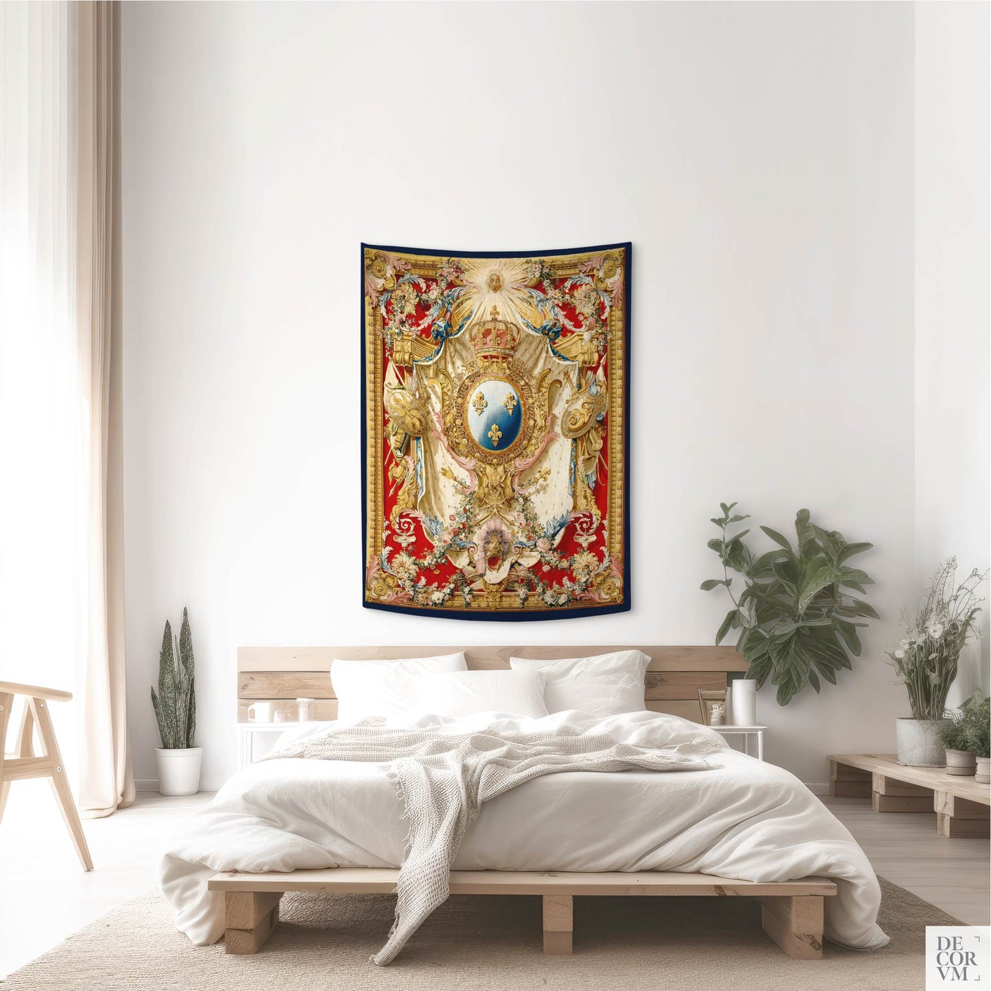 Small-sized Louis XV heraldic tapestry displayed in a minimalist bedroom with light wood and white decor.
