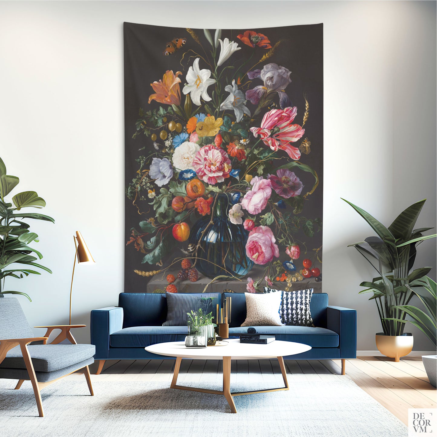 Dutch Floral Tapestry large-sized in a living room with a blue sofa