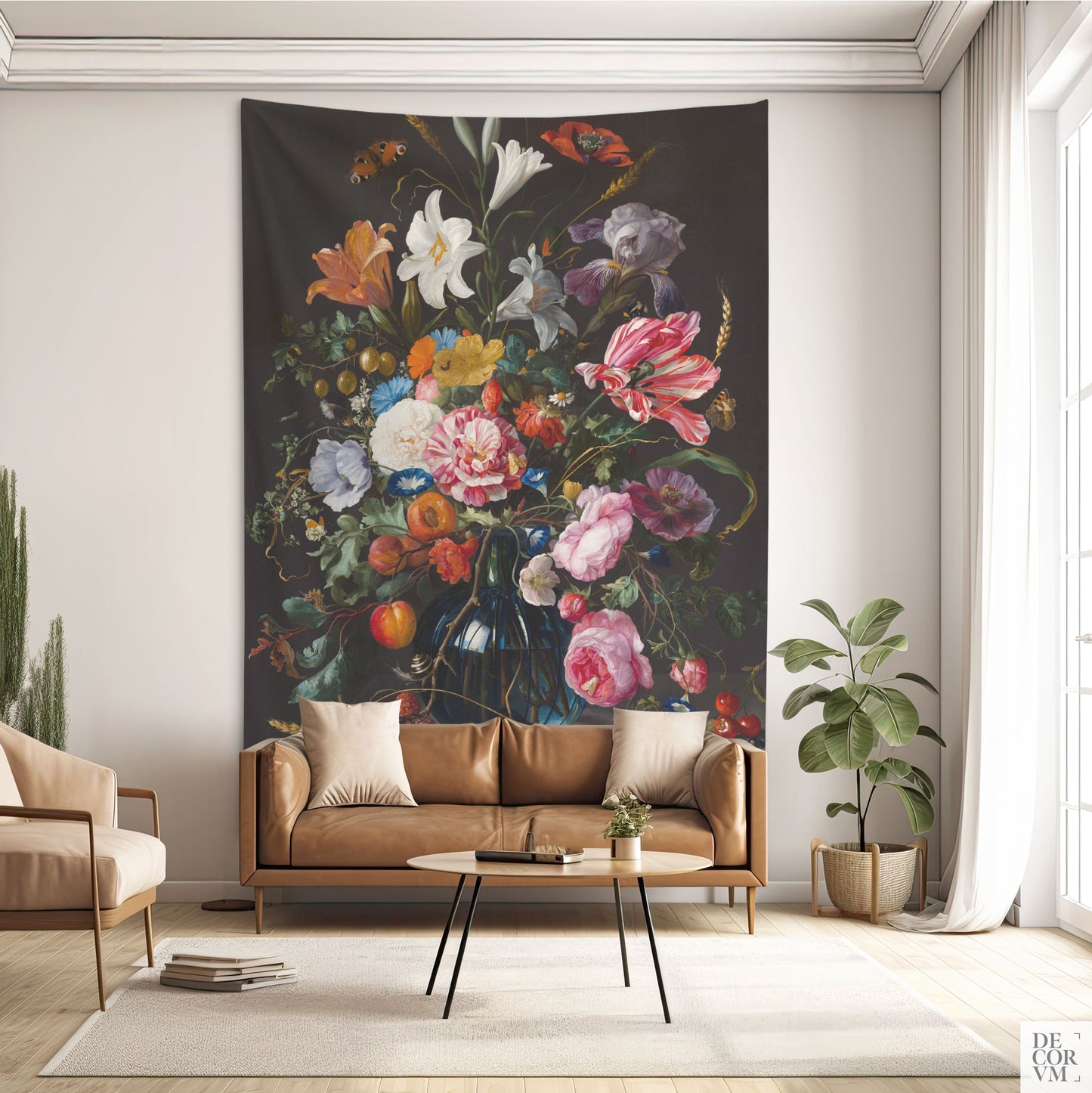 Dutch Floral Tapestry large-sized in a living room with earthy tones