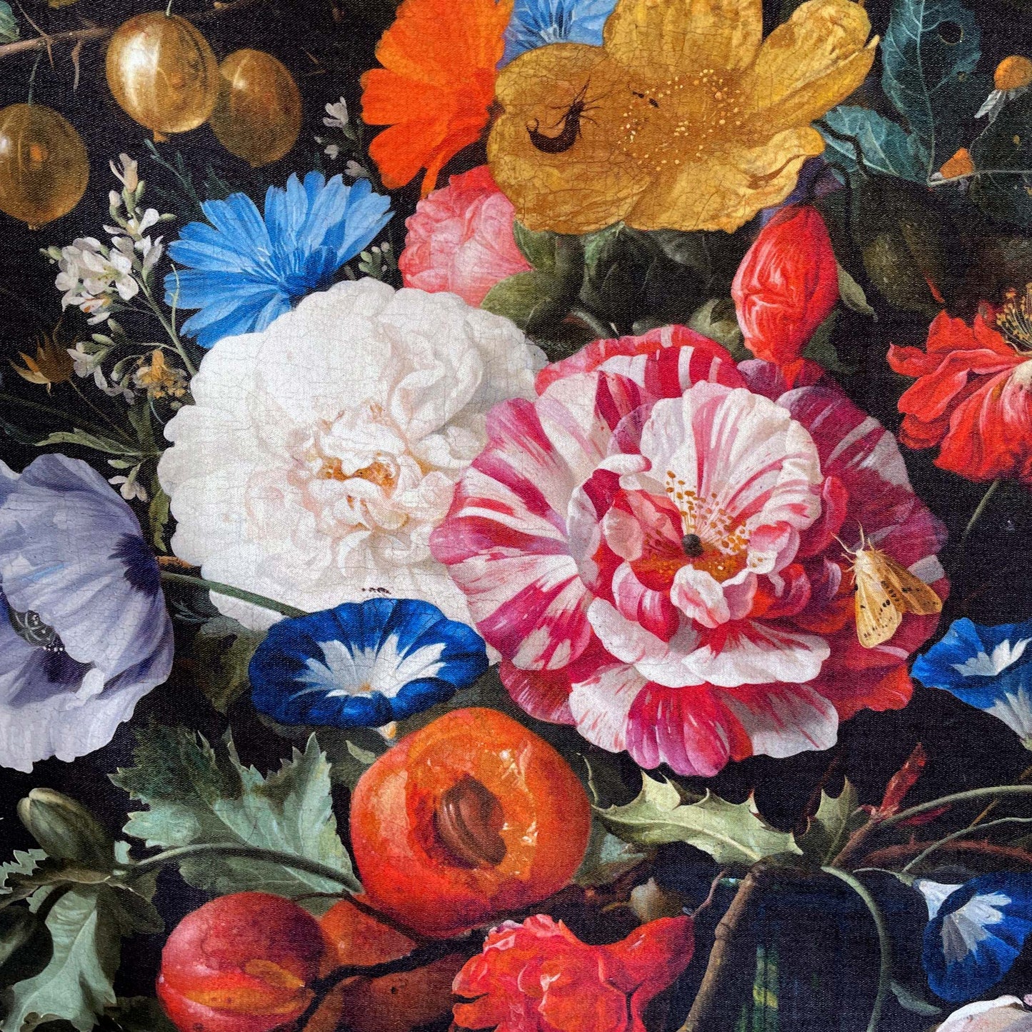 Dutch Floral Tapestry detail of flowers with different colors and fruits
