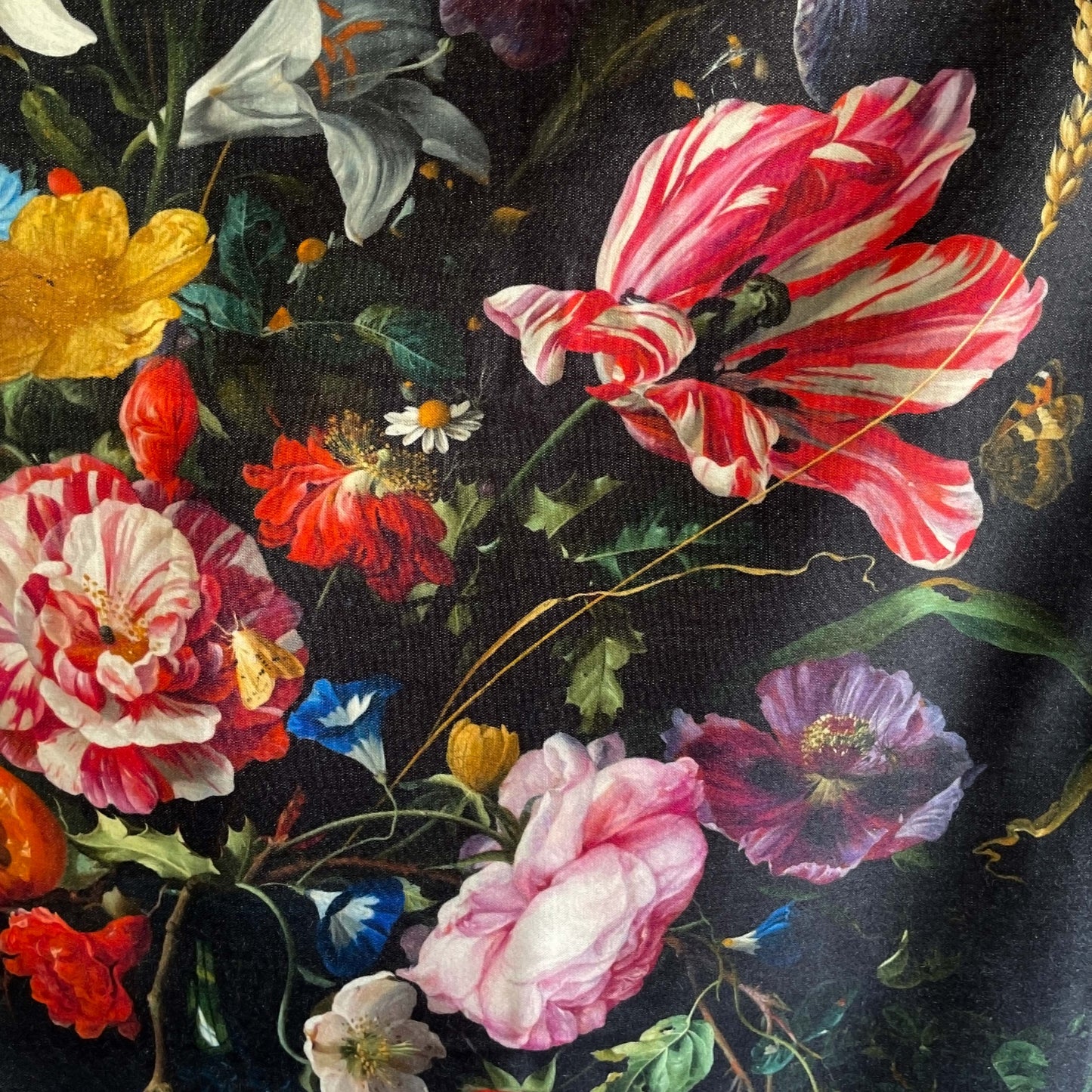Dutch Floral Tapestry detail of different flowers in many colors