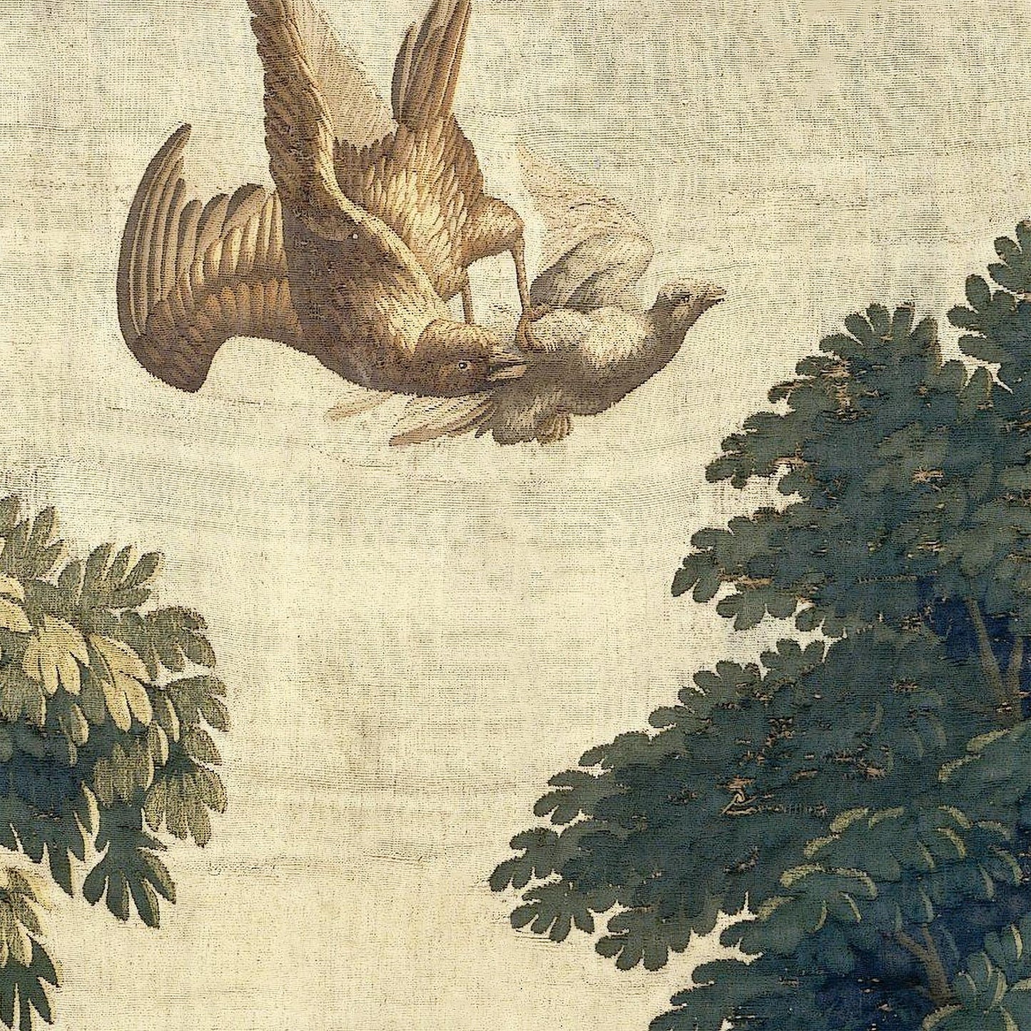 Forest and River wall hanging fabric detail of an eagle attacking a dove