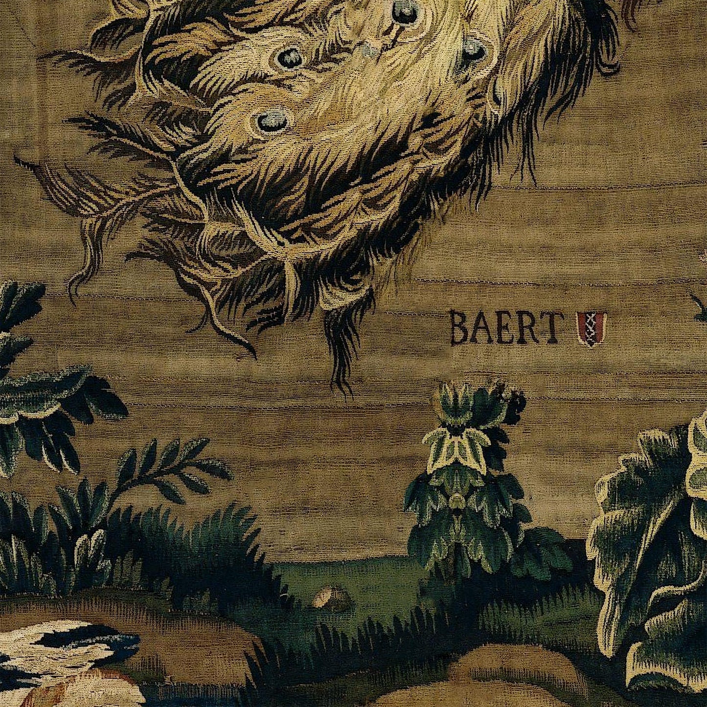 Forest and River wall hanging fabric detail of the family name BAERT and badge
