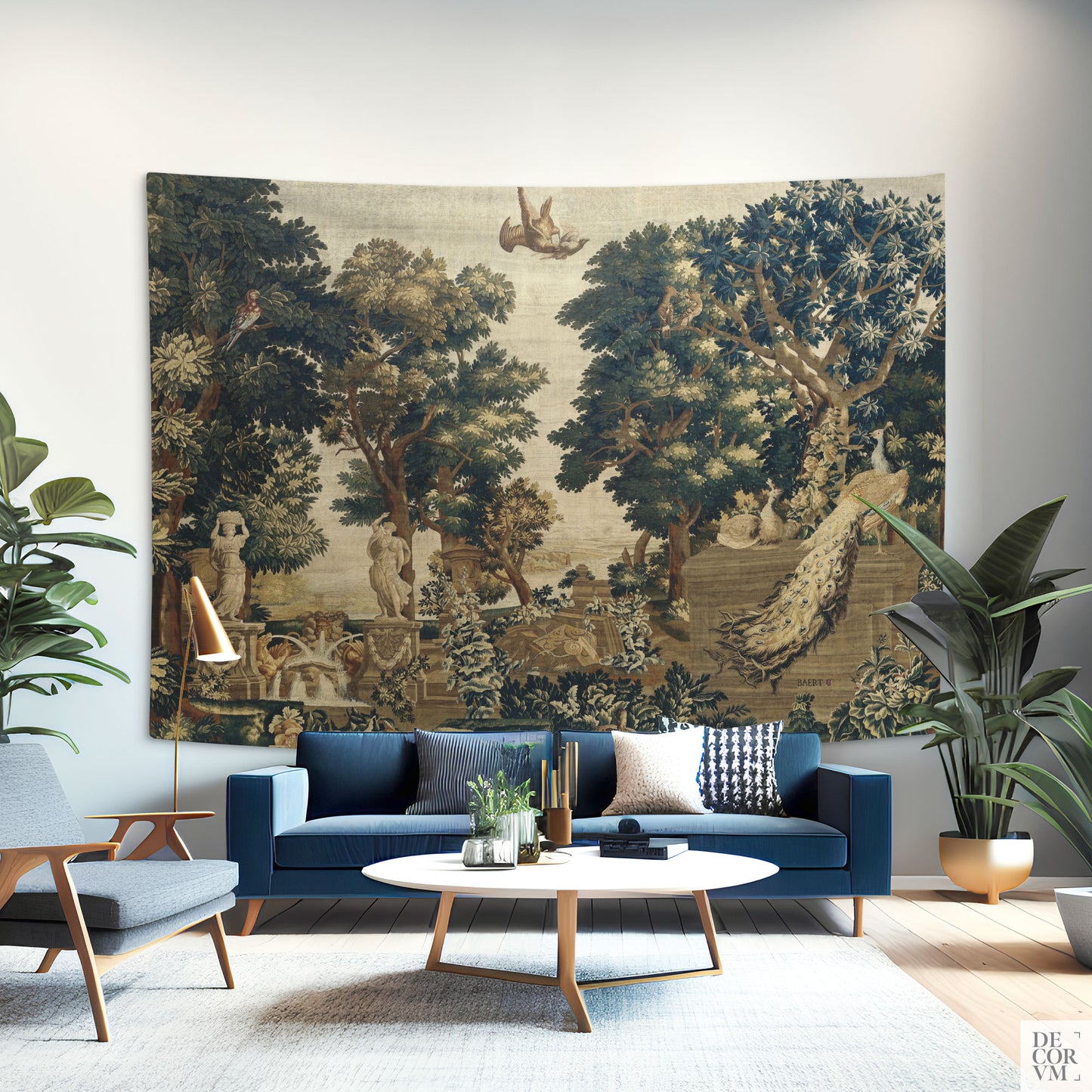 Forest and River wall hanging fabric large-sized in a living room with a blue sofa
