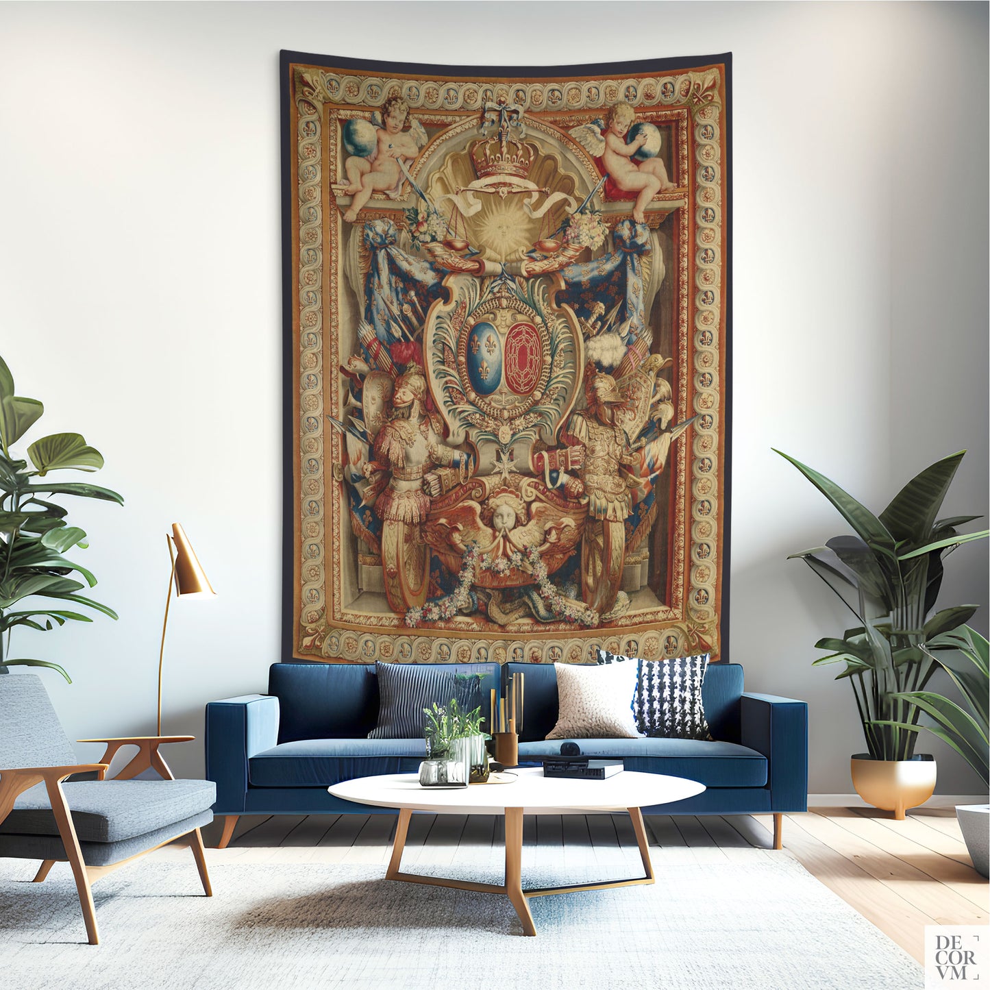 Portiere of the Chariot of Triumph Tapestry in large-sized in a living room with a blue sofa