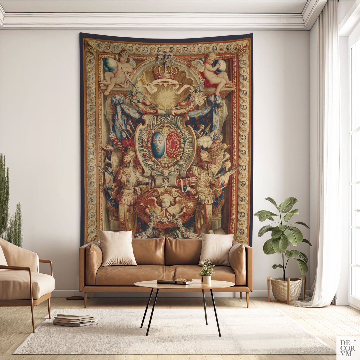Portiere of the Chariot of Triumph Tapestry large-sized in a living room with earthy tones