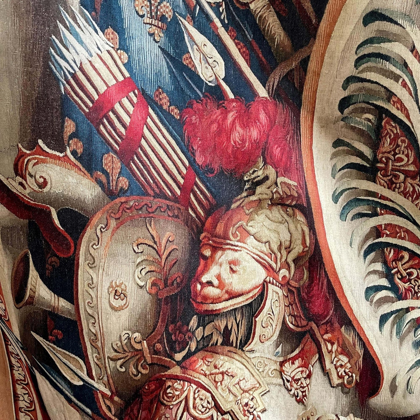 Portiere of the Chariot of Triumph Tapestry detail of a military uniform, arrows and spears