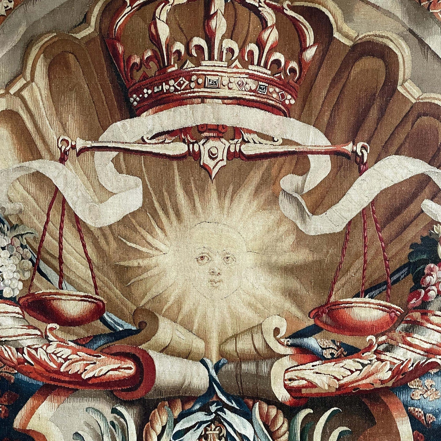 Portiere of the Chariot of Triumph Tapestry detail of sun, balance and crown