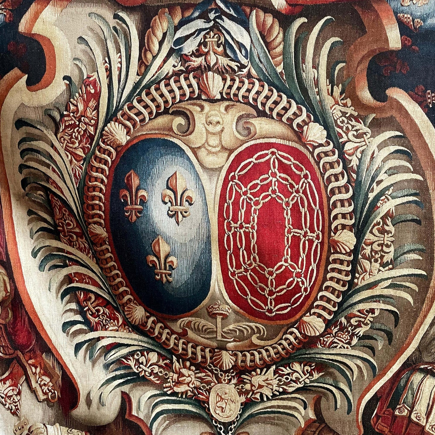 Portiere of the Chariot of Triumph Tapestry detail of shields and coat of arms