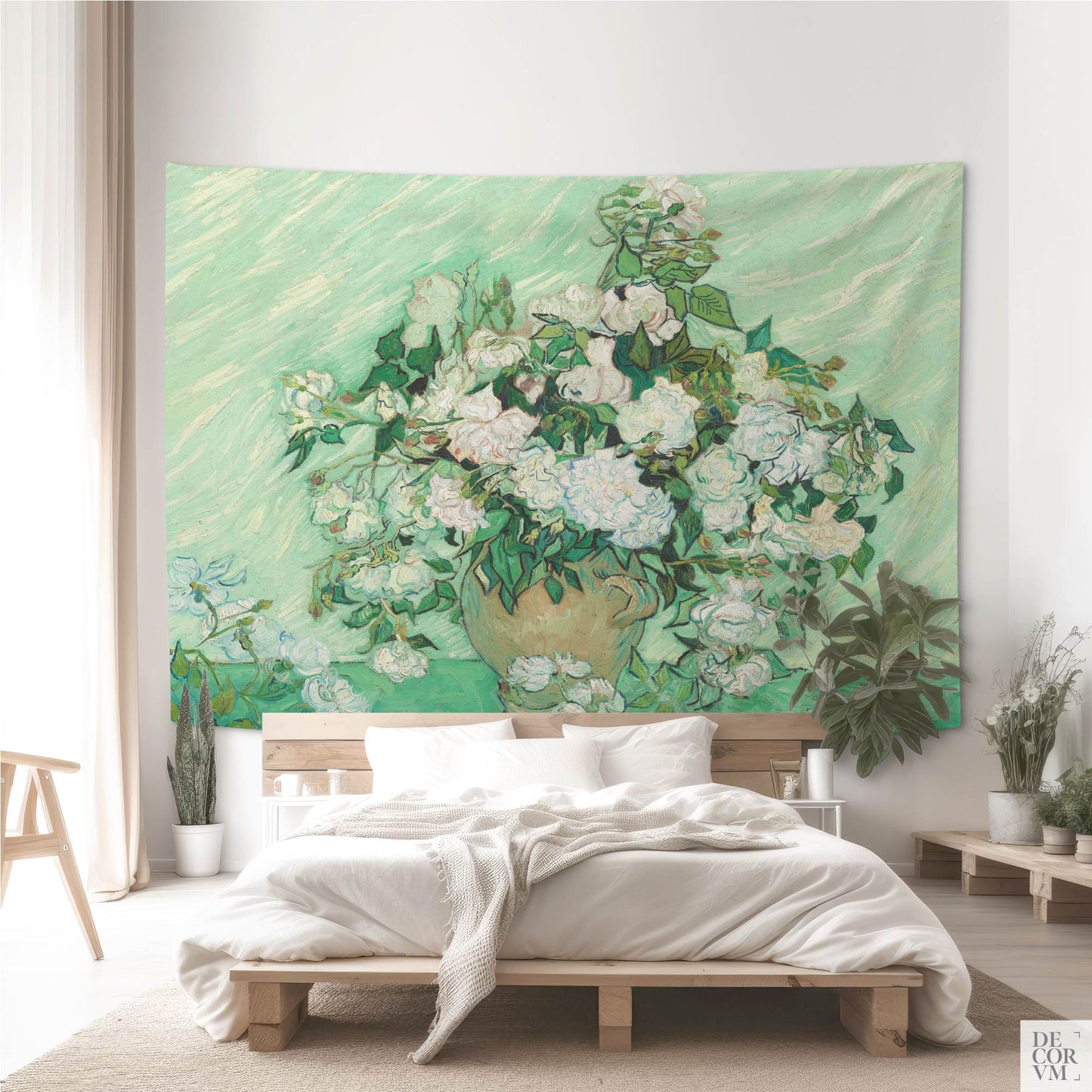 Oversized floral tapestry with Van Gogh’s green roses design as statement wall art above a modern bed with soft linens.