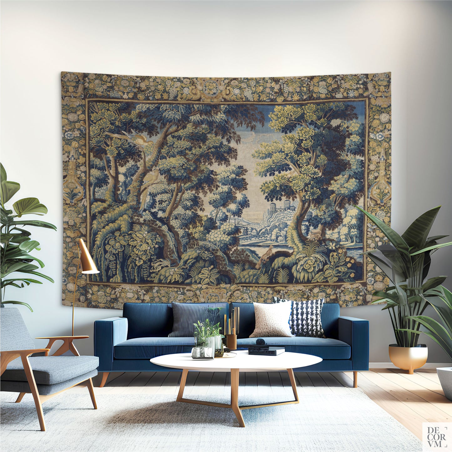 Large size verdure wall tapestry in a modern living room with a blue sofa